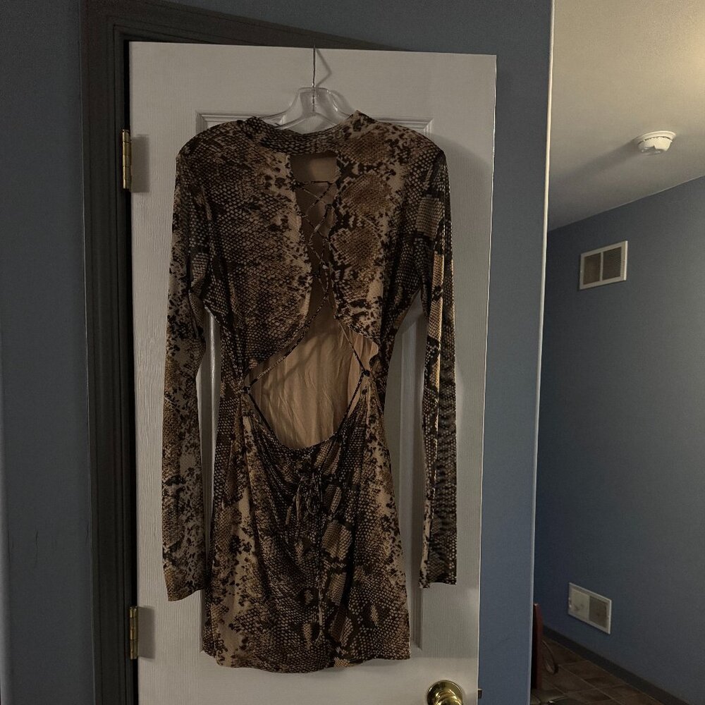 Fashion Nova Size XL Brown/Snake Brandy Mesh Mini Dress Partial Open Front NWT